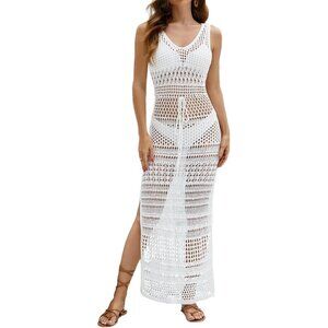 🆕Women White Crochet Sheer Cover Up Beach Dress Round Neck Side Split Bikini